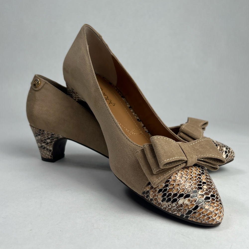 J.Renee Tan Suede Heels W/ Faux Snakeskin & Bow